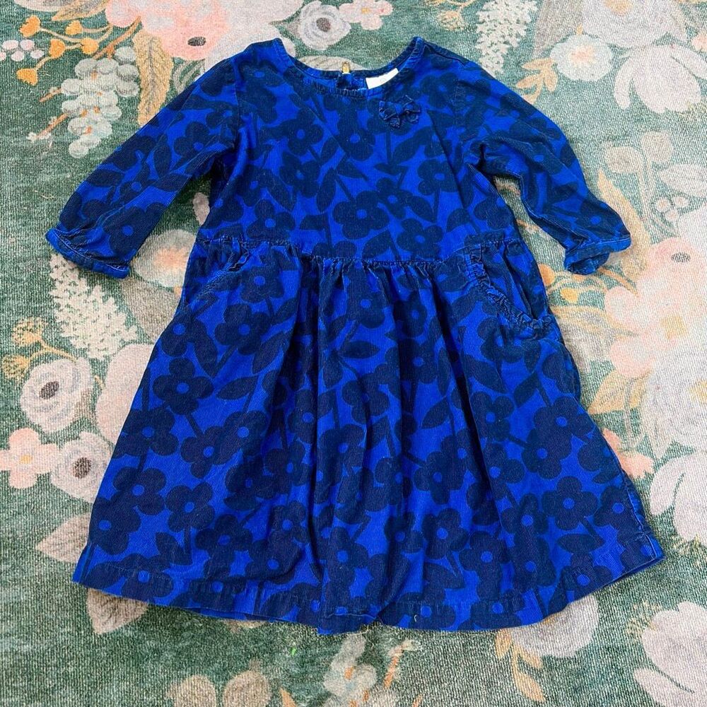 Hanna Andersson Dress Girls Size 120 Blue Floral Corduroy 3/4 Sleeve Cotton